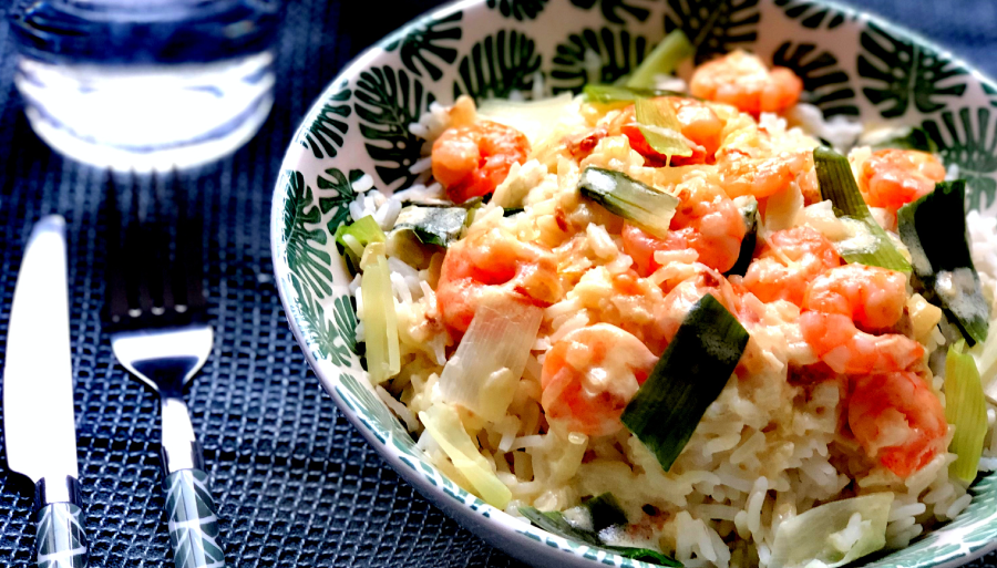 Photo de riz aux crevettes et aux poireaux